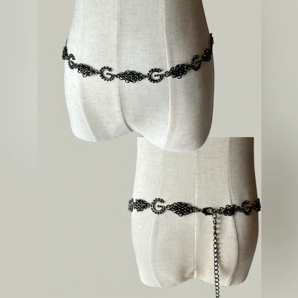 Vintage Silver Black Chain Link Belt “G” Monogram Adjustable Size L 37.5” NWOT